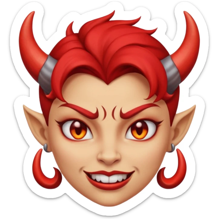  woman Demon cartoon emoji character, head and shoulders included (chest-up crop), centered face, confident and edgy expression, sharp eyes, subtle smirk, small curved horns, clean stylized face, not cute, not scary, modern emoji-style illustration, bold colors, smooth shading, high readability sticker