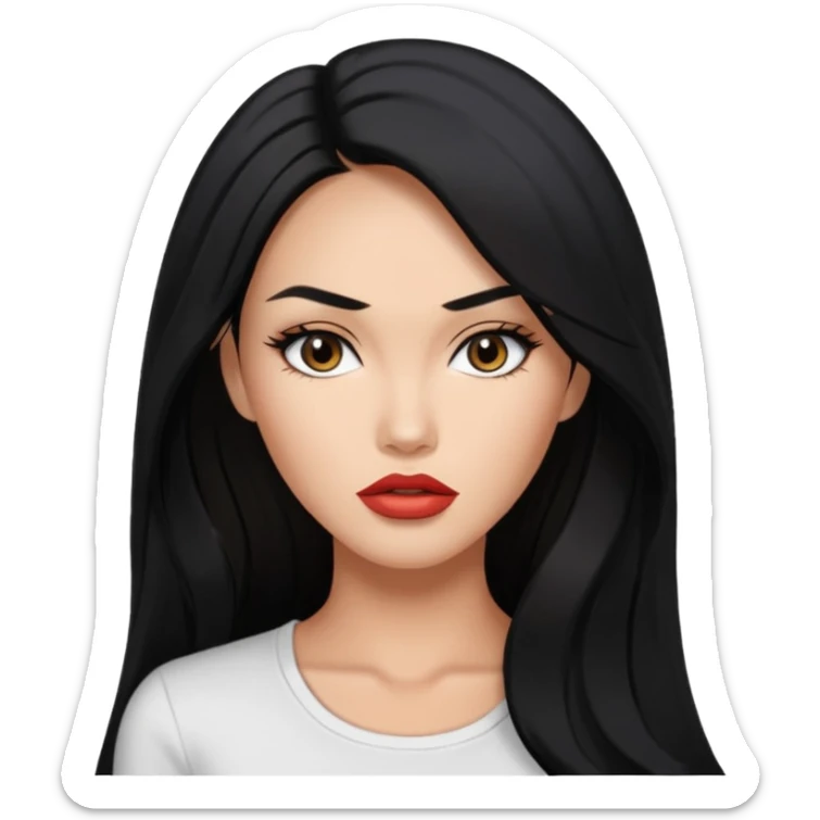 glamorous emoji of a woman with monolid eyes, tan skin, full lips, long hair, white top, Megan Fox inspired sticker