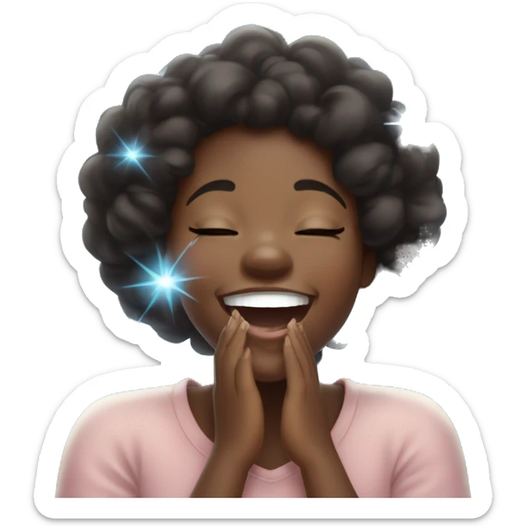 A cute, cheerful black girl laughing, covering her mouth and eyes closed in joy, surrounded by light blue sparkles sticker