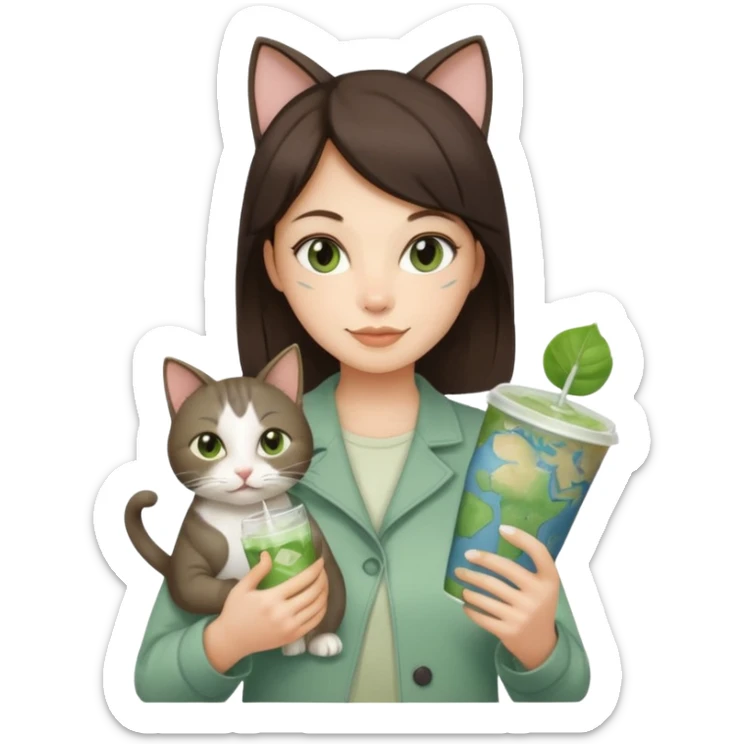 a brunette woman in here 30S drinking an iced matcha, carrying a grey cat and a map of the world sticker
