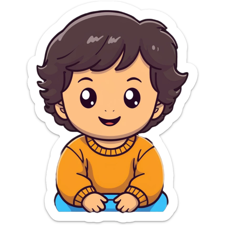 smiling toddler face with big eyes, medium skin tone, and dark wavy hair sticker