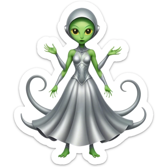 Green Alien woman with Cycloid scales, in silver dress, full figure, yellow eyes sticker