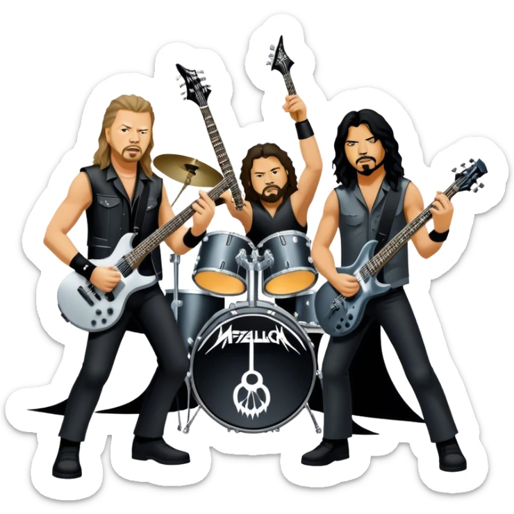 Icon for Metal Music: Metallica band members detailed in their signature look. James Hetfield with guitar, Lars Ulrich on drums, Kirk Hammett with his electric guitar, and Robert Trujillo playing bass. Bold, energetic style with musical notes, all in a heavy metal aesthetic. Transparent background. sticker
