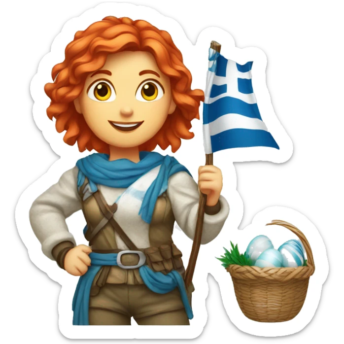 red hair female winter mountaineer with Greek flag and easter basket sticker