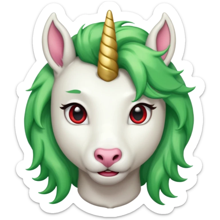 white furred unicorn with green hair and big red earrings looking into camera and spectacle sticker