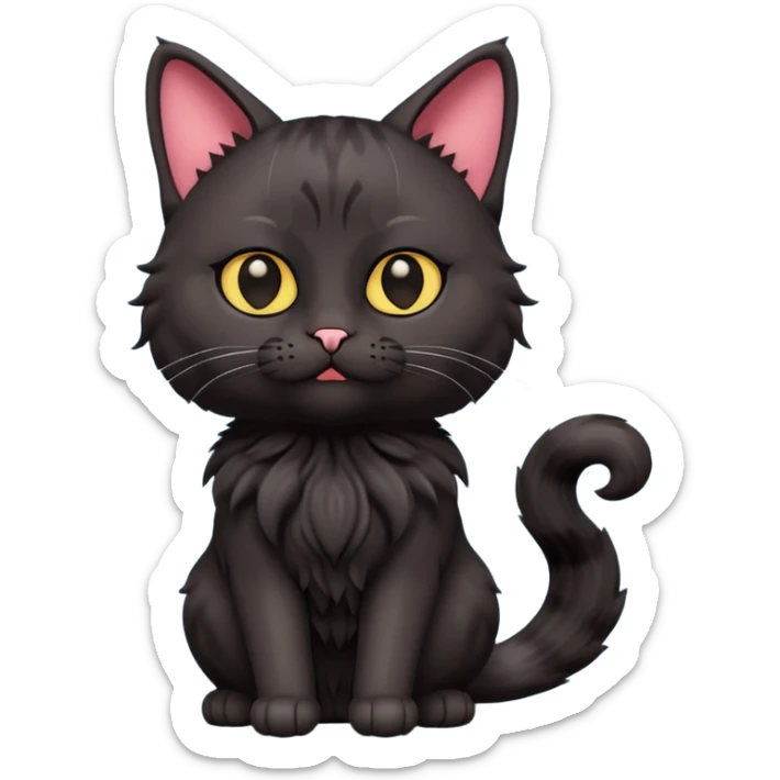 A 3D cartoon black Oriental hair cat with bulky body,Nice  heavy fur, dark cinematic background, Memoji-style. full body or half body. sticker