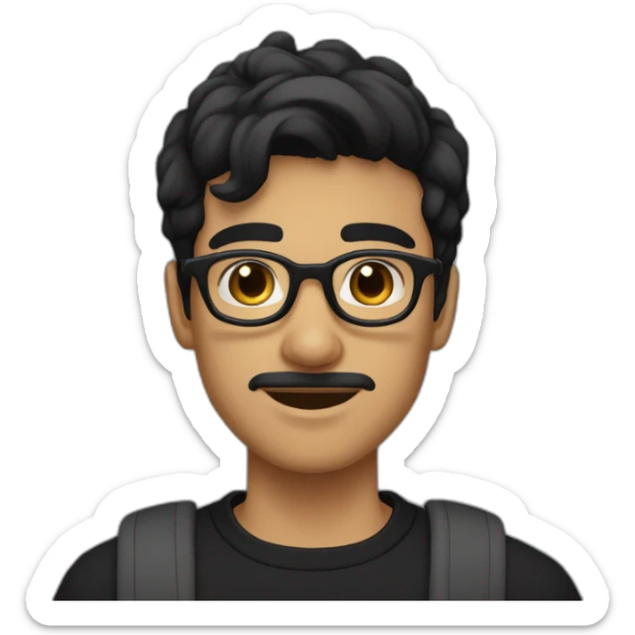 a light skin Pakistani teenager, wearing round glasses, short moustache, black hair, black jumper/sweater, structured manly face sticker