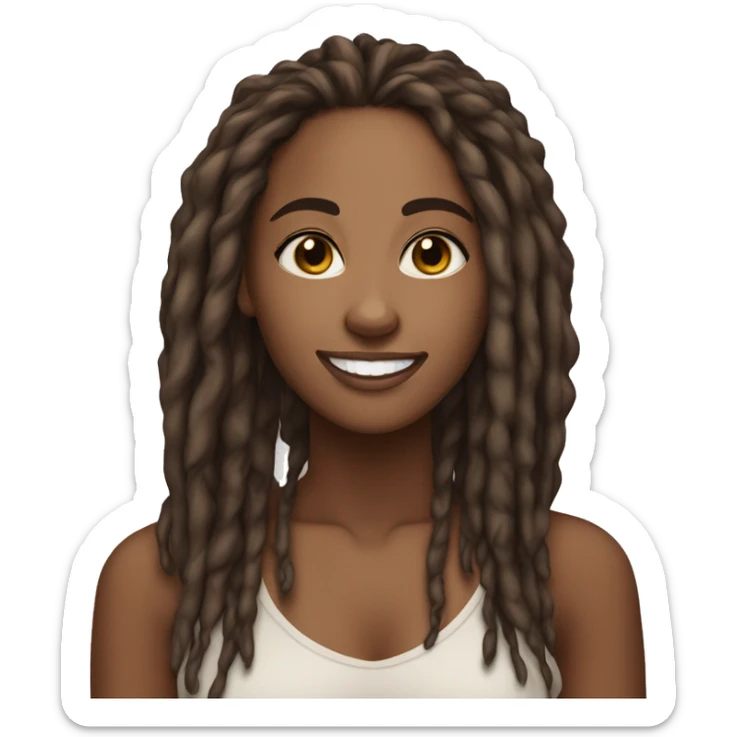 brown skin african american woman 35 years old with skinny long dreadlocks beautiful smile big brown eyes teardrop face shape sticker