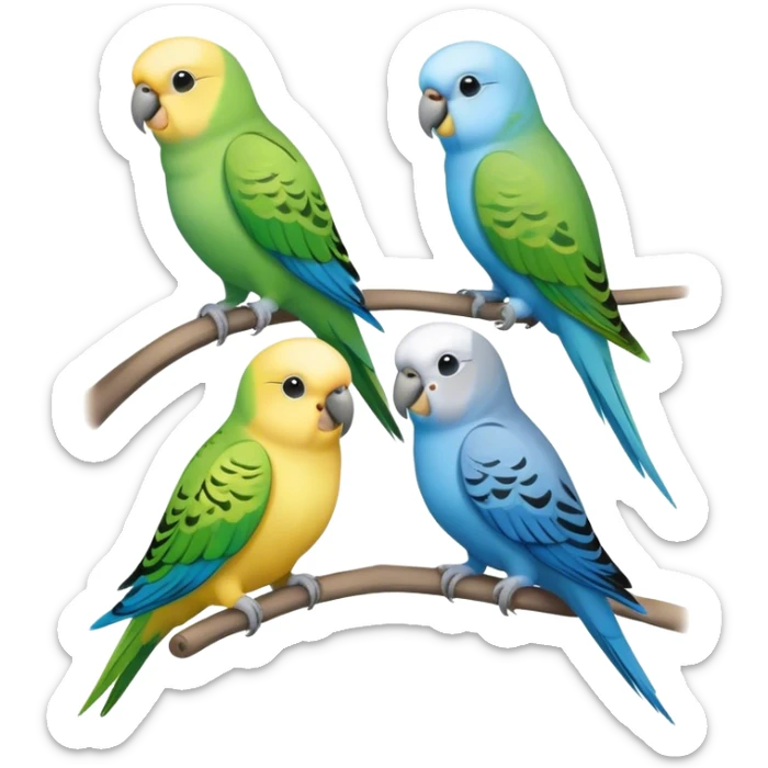 A group of one yellow parakeet, one blue parakeet, one green parakeet, and one grey parakeet sticker