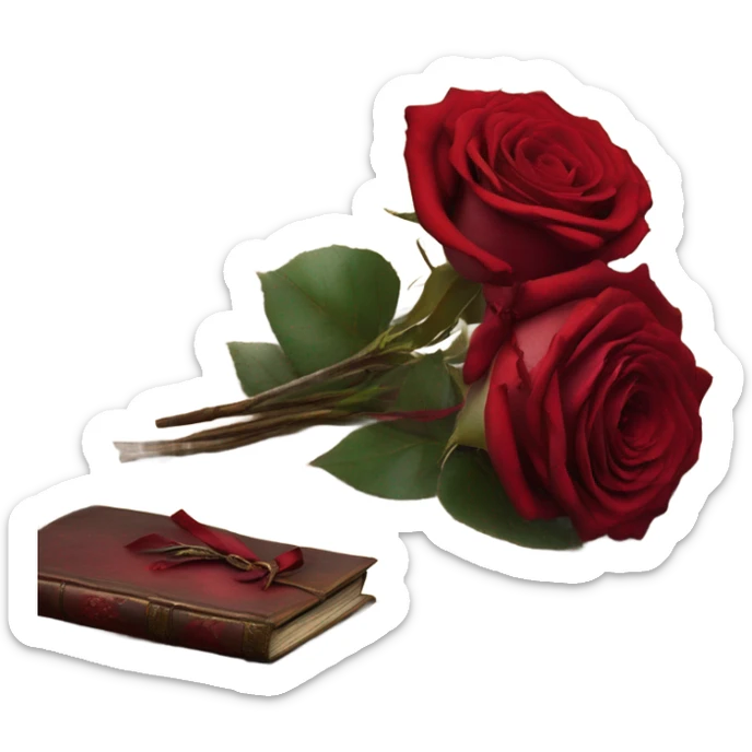 A crimson bouquet of roses with a silk ribbon and an old handwritten diary sticker
