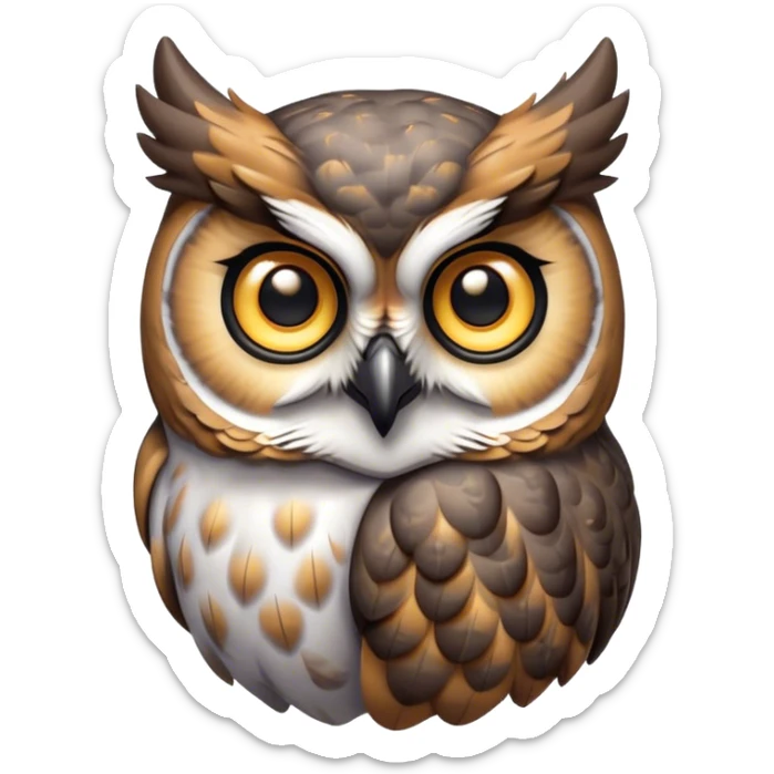 Cinematic Cute Great Horned Owl Portrait Emoji, Head tilted playfully and inquisitively, featuring a lush mottled Fur with intricate patterns of gray and white, round, sparkling golden eyes filled with curious wonder, Simplified yet irresistibly adorable features, highly detailed, glowing with a warm, friendly glow, high shine, affectionate and wise, stylized with a touch of nocturnal whimsy, bright and endearing, soft glowing outline, capturing the essence of a mischievous yet loving owl, so playful it feels like it could glide out of the screen and perch in your arms! sticker
