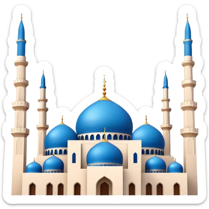 Cinematic Realistic Mohammad Al-Amin Mosque Landmark Emoji, showcasing its striking blue dome, towering minarets, and detailed Arabic calligraphy. sticker