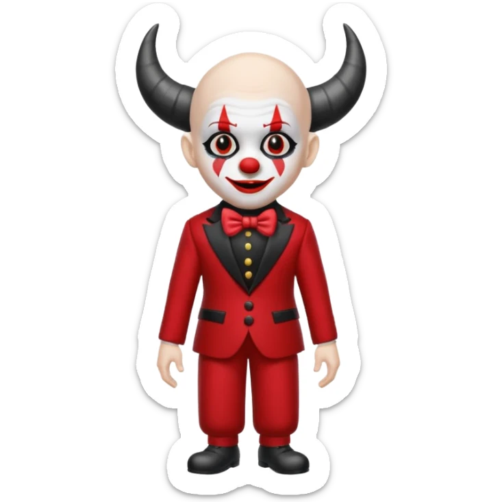 Crea un payaso con cara blanca sin pelo con cuernos negros y un traje rojo con negro sticker
