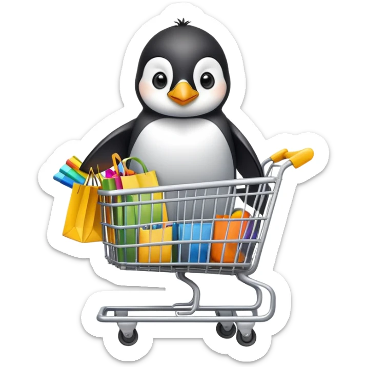 cute baby penguin sitting in a shopping cart filled with shopping items and colorful shopping bags sticker