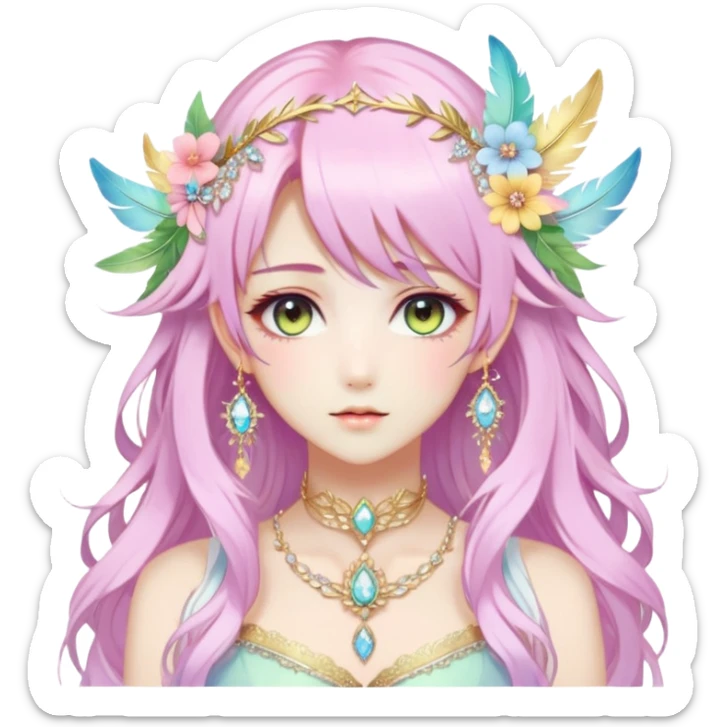 Beautiful gorgeous anime lady with beautiful pastel-special-hair, fashion aesthetic, ethereal, fairycore, pastelcore, feather, flower, crystals, accessories, gold jewelries, gold, colorful, gold laurel, gold halo, sticker