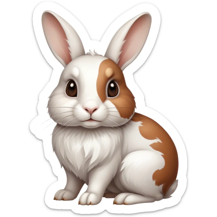 Cinematic Noble White and Brown Rabbit Portrait Emoji, Poised and regal, with a balanced, compact build and a beautifully patterned fur of pristine white accented by rich brown patches, long, alert ears and deep-set soulful eyes, Simplified yet sharp and sophisticated features, highly detailed, glowing with a soft, dignified glow, high shine, intelligent and gentle, stylized with an air of refined charm, focused and attentive, soft glowing outline, capturing the essence of a watchful and confident companion, so majestic it feels as though it could hop out of the screen with effortless authority! sticker
