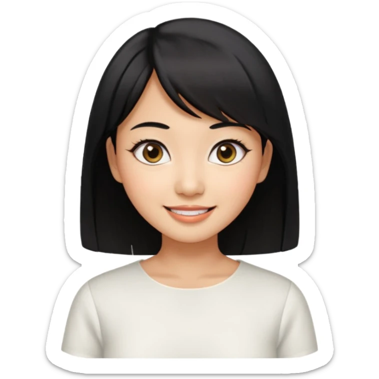 30 yr old asian woman center parted hair big eyes big smile tanned skin straight black hair hippie part hair white blouse shoulder length hair middle parted hair few short bangs at front trendy hair sticker