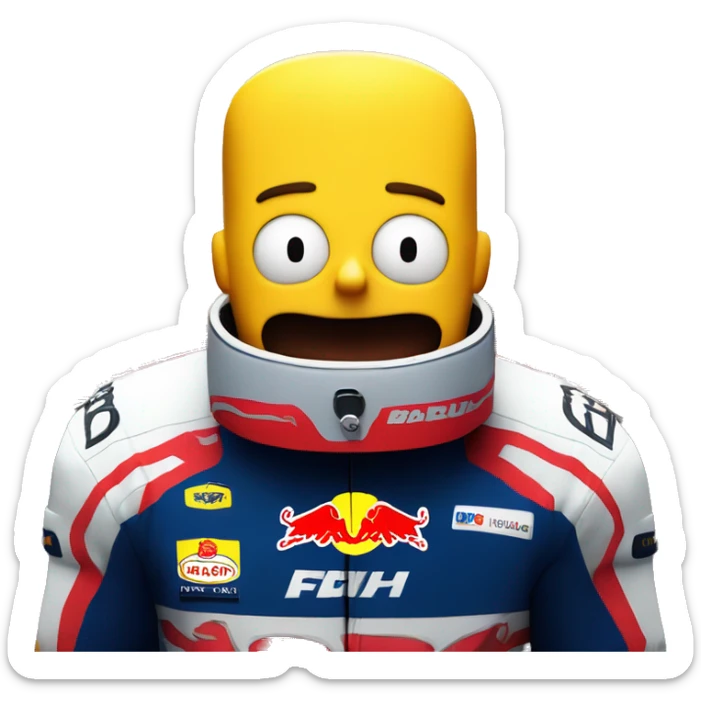 Bart simpson with his helmet but his eyes visivle, driving a red bull in a track of formula 1 sticker