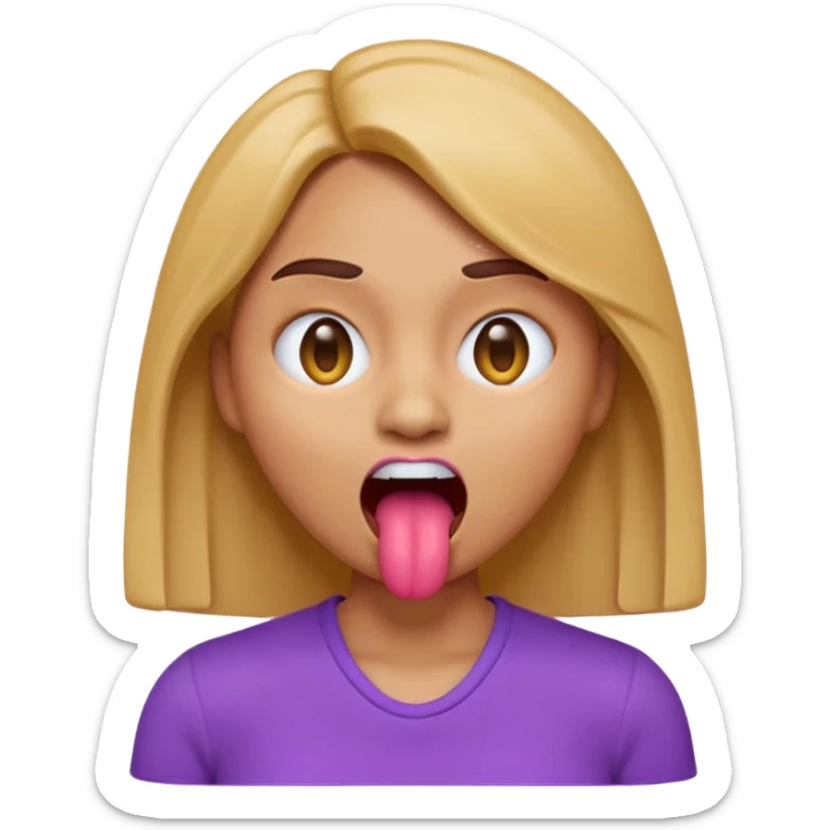 A 3D emoji-style woman with a dead-face vibe: X-shaped crossed-out eyes, mouth open with tongue sticking out slightly, lifeless cartoon expression. She has light caramel brown skin, smooth glossy emoji texture, rounded face, shoulder-length hair, wearing a purple top. sticker