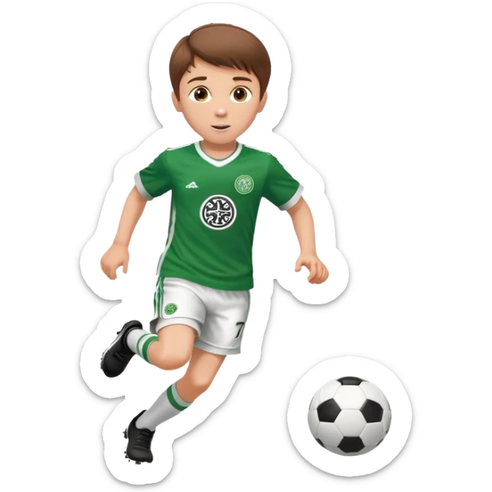 Celtic footballer jersey logo  6 years old brown hair white boy , brown eyes , stripes uniform , RUNNING  with soccer ball # 17 celtic football logo PUT ONLY ONE LOGO ONE CELTIC LOGO ONLY white shorts sticker
