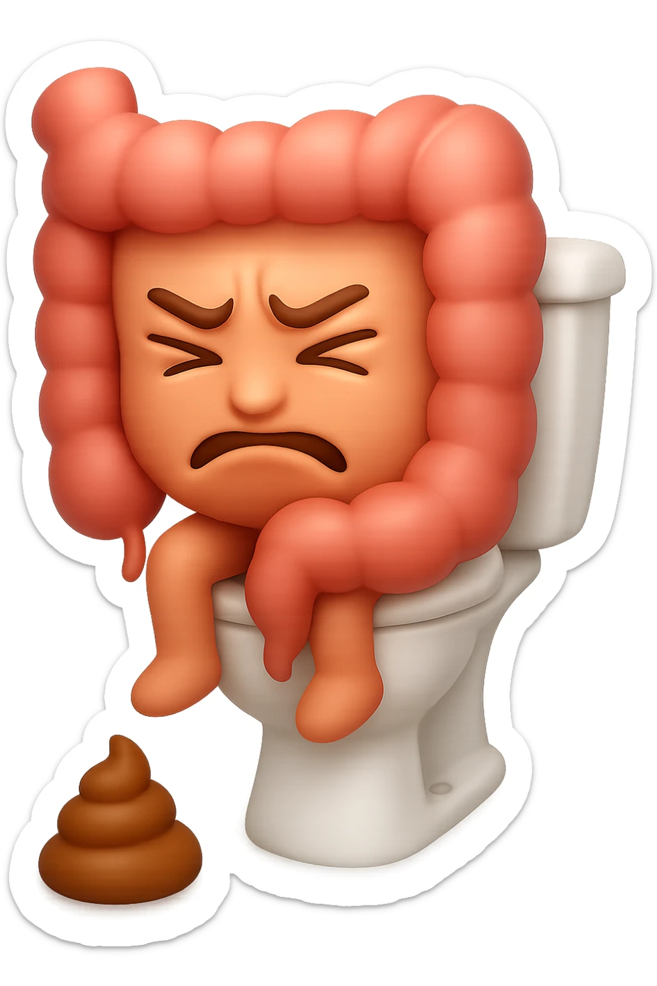 EMOJI STILE IPHONE 3D DI UN INTESTINO CHE sta seduto sul wc e davanti ha una montagnetta di feci a palline stile emoji iphone, fallo senza naso e FAGLI UN ESPRESSIONE di dolore mentre si sforza E FALLO MOLTO REALISTICO IN 3D sticker
