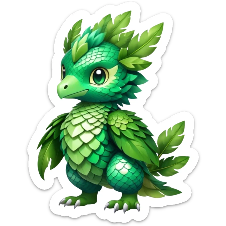 Cute cool fantasy animal hybrid Fakemon full body, green scales, leaves, feathers, sticker