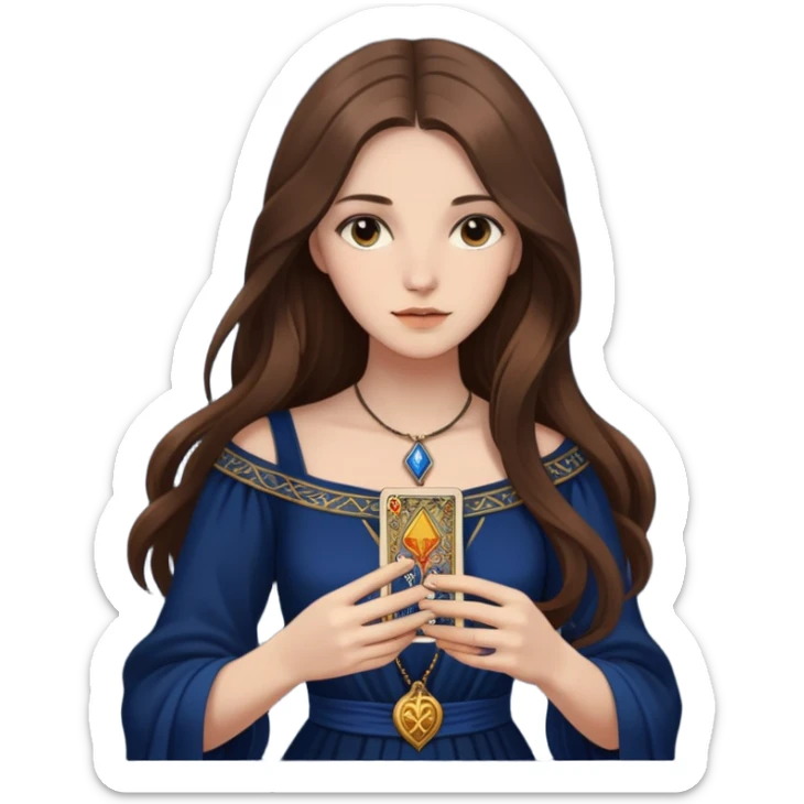 A girl with long hair, in a dark blue dress holds tarot cards in her hands sticker