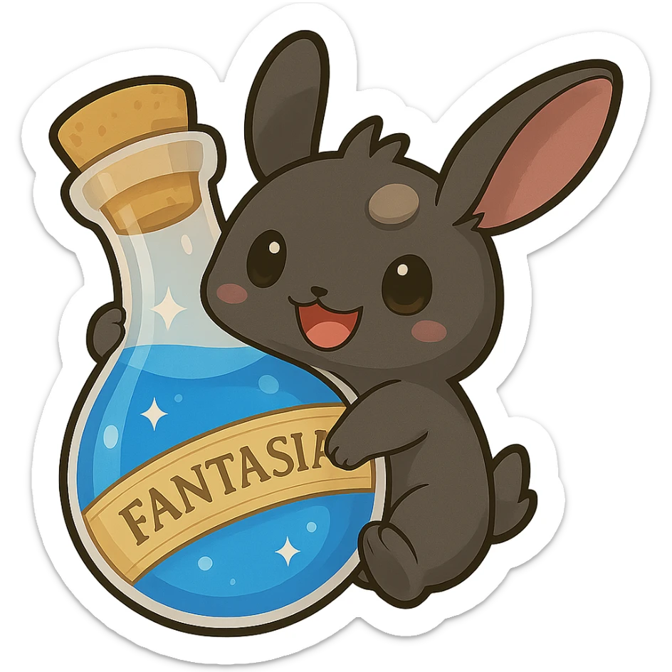Change the liquid in the fantasia bottle to a vibrant blue, keeping the chibi, adorable style and all other details the same. Keep the background transparent. sticker
