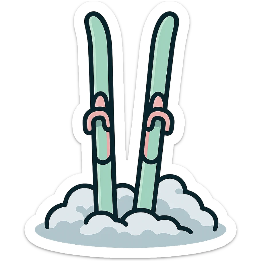 narrow cross-country skis stuck into the snow, snow piled up around the bases, detailed shading, thin clean outlines, soft rounded features, pastel palette #98B5BC #B5B3C1 #C9A3C9 #E4C0CA #F7DCD1 #F7C0AA, Japanese pop art, sticker look, highly detailed, vector clarity, soft lighting, subtle shadows, transparent background sticker
