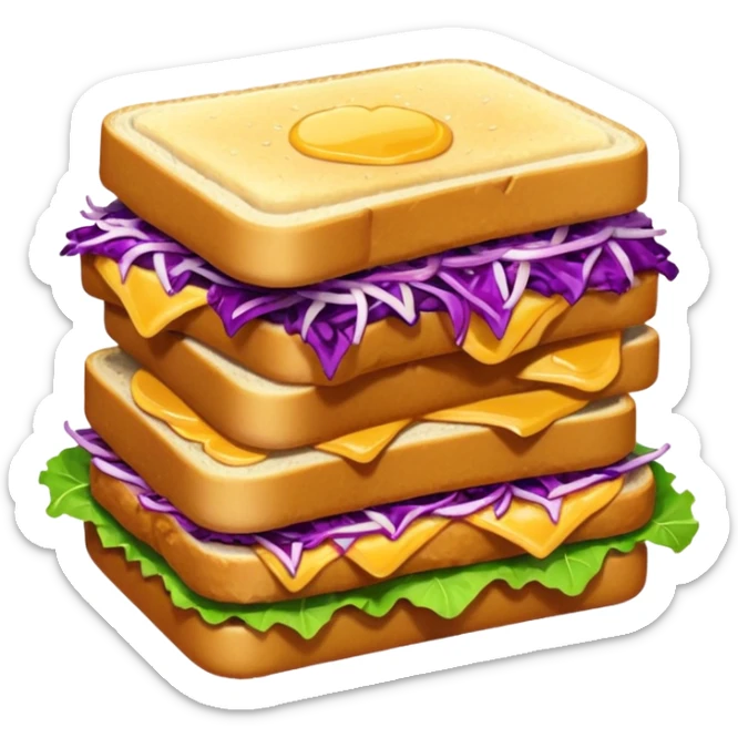 A cute, simplified emoji-style illustration of a stacked chicken sandwich — two thick golden toast slices, a crispy breaded chicken fillet, green lettuce, and purple cabbage slaw, with glossy dark sauce dripping down the sides. sticker