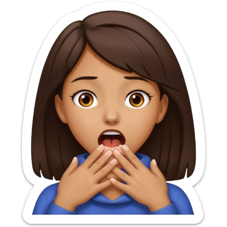 girl with tan skin and dark brown hair with two hands on her neck (overlapping) choking with mouth open and eyes crazy sticker