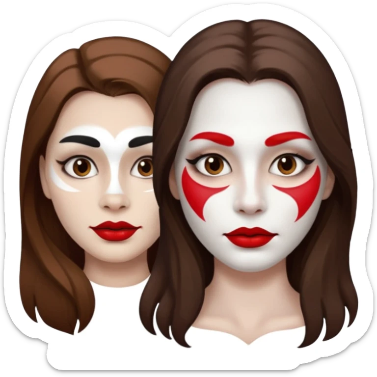 person with long brown hair, white face paint, red lipstick and a mole on right cheek sticker