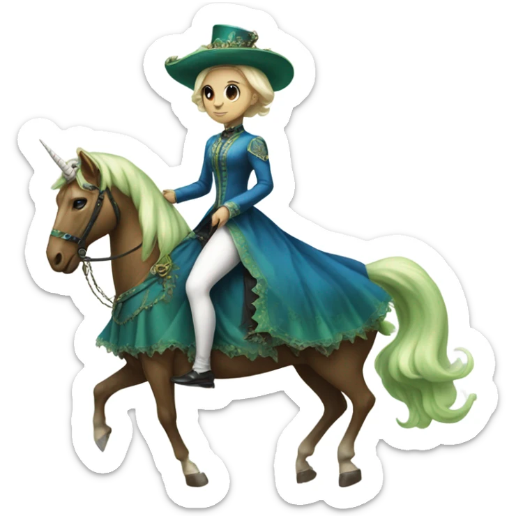 "galora green blonde alien woman" in blue Victorian dress elegant, full body, on brown and white unicorn sticker