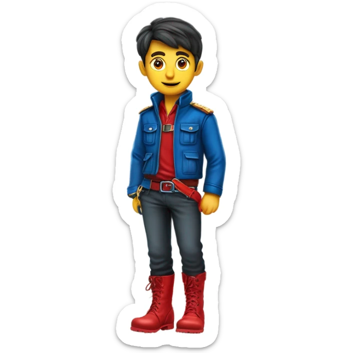 Garçon aux yeux bleus portant une veste en cuir rouge avec ceinture, pantalon en ￼cuir rouge, une ceinture rouge, des boots rouges,￼￼ sticker