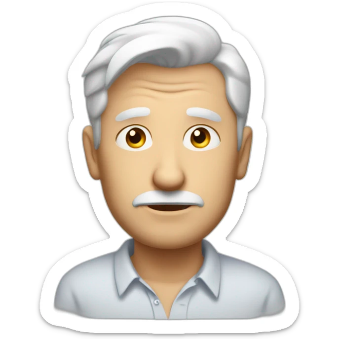Unsure european shaved guy in his fifties with mid long white hair wearing a shirt saying hello sticker