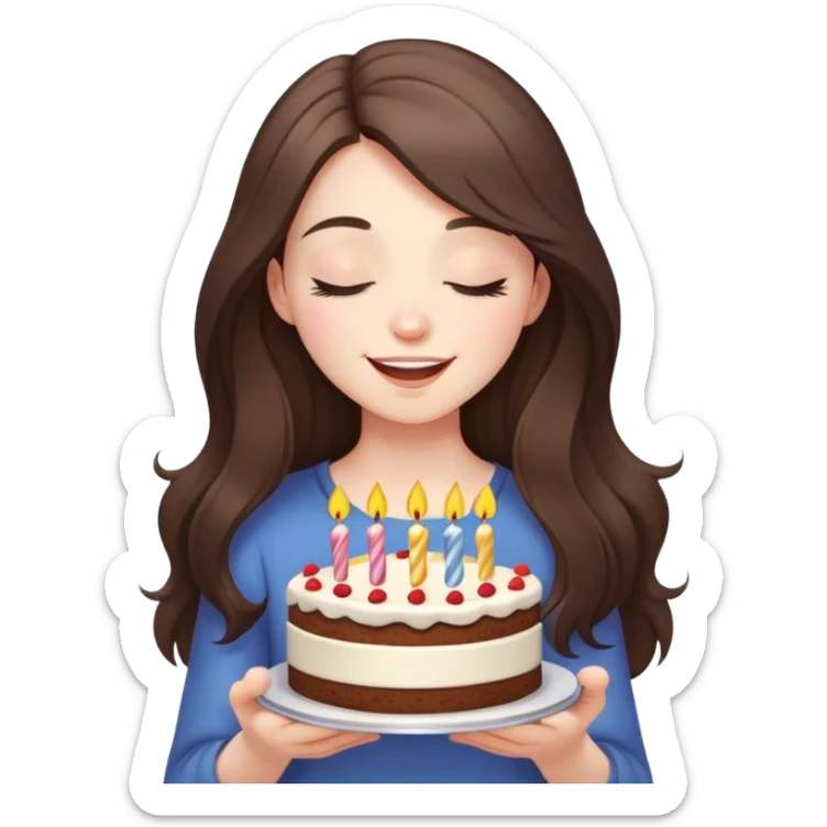 happy beautiful pale brunette girl with long eyes closed hair holding a piece of birthday cake  sticker