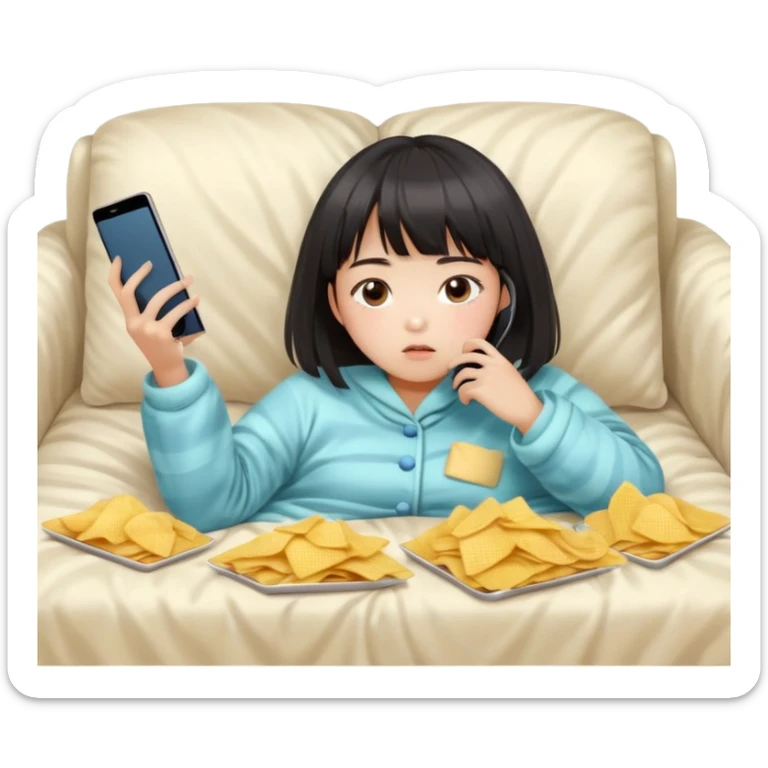 Cute East Asian girl, soft fair skin, straight bangs, messy inward bob. Wearing fluffy pajamas, lying on couch under blanket, holding chips and phone, expression blank and tired. sticker