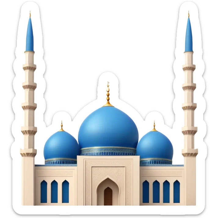 Cinematic Realistic Mohammad Al-Amin Mosque Landmark Emoji, showcasing its striking blue dome, towering minarets, and detailed Arabic calligraphy. sticker