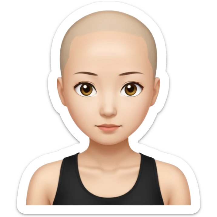 Asian woman with receding hairline, bald near the top of her head, longer hair on the sides of her head, wearing a black tank top sticker