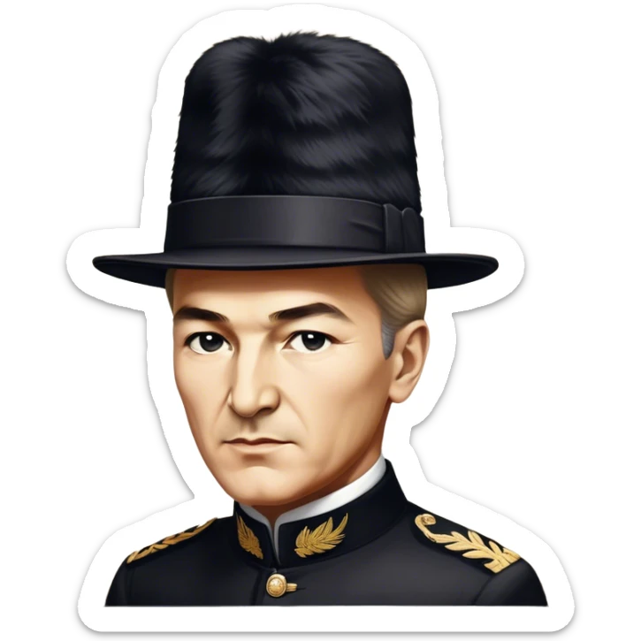 ​Cinematic Realistic Portrait of a Young Mustafa Kemal Atatürk, depicted wearing an iconic tall black fur hat along with traditional attire, his confident, visionary expression illuminated by warm, inspiring lighting, rendered with rich historical textures that capture his youthful dynamism and transformative leadership, sticker