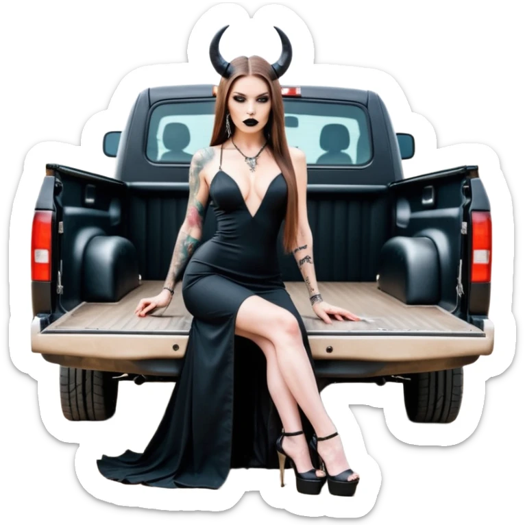 Sensual queen long brown straight haired mafia woman with black shiny platform high heels on her feet, black devil horns on her head, tattoos on arms , holding a human head skull. in the back seat of a large big new model F350 pickup truck full of cash wearing long sex dress with big butt sticker