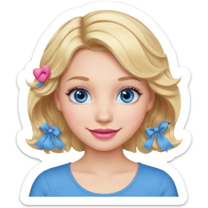 Girl Blonde short wavy hair,  blue eyes, cute blue top, long lashes, pink lips, smiling, 💁🏻‍♀️  sticker