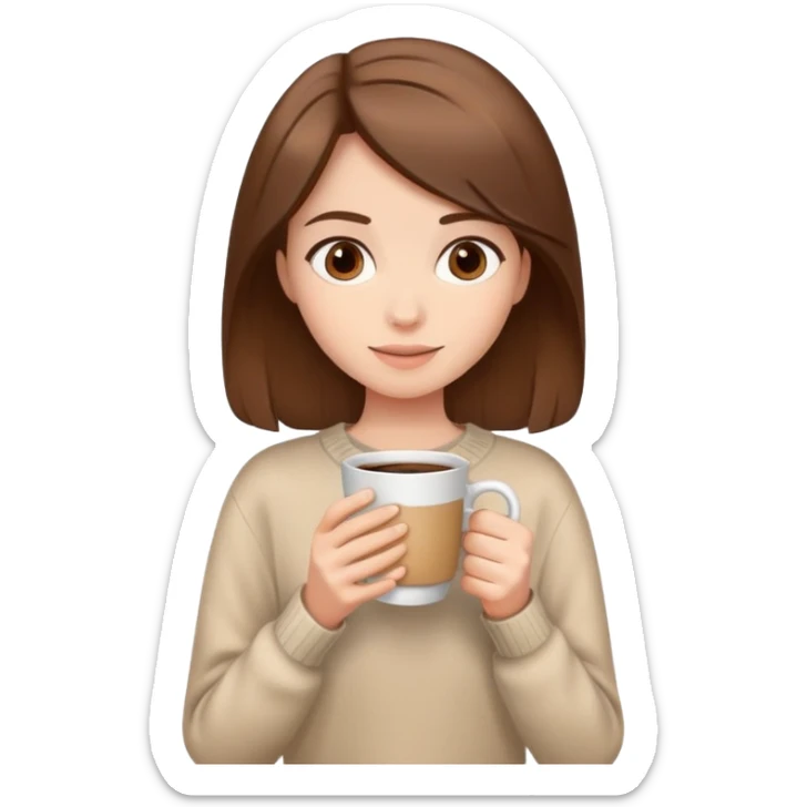 Girl with brown hair in beige sweater and coffee in hand  sticker