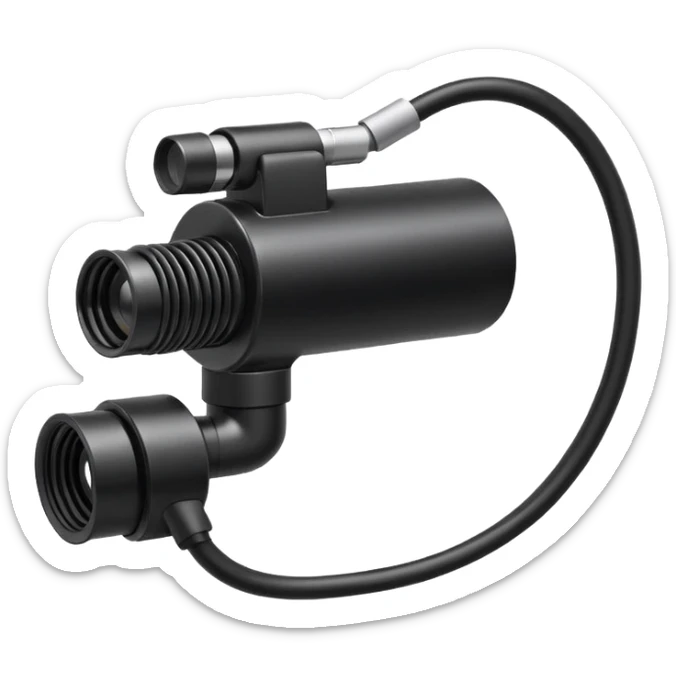 Apple emoji style icon of an endoscope. A minimalist coiled black tube ending in a glowing camera tip. Glossy, rounded, isolated on white background. sticker