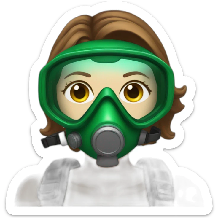 woman brown hair diving mask with diving regulator in mouth, green eyes sticker