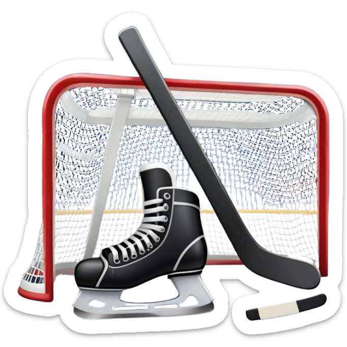 An icon showing a close-up of a hockey stick, puck, skates, and hockey net placed on the ice. The background features a packed stadium with bright lights, cheering fans, and snowy scenery outside. Transparent background highlights the key elements of the game. sticker