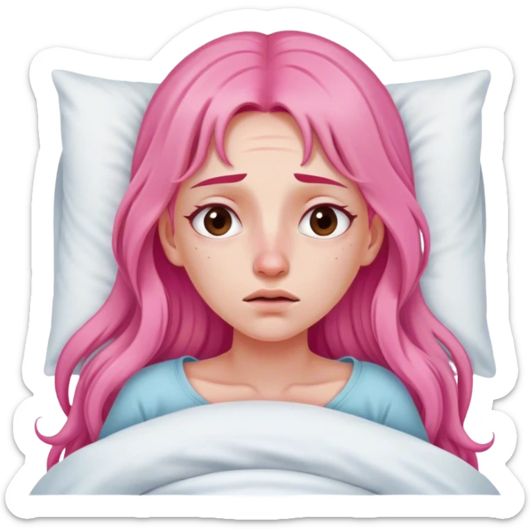 Young Woman with long pink hair In bed with sinus pain  sticker