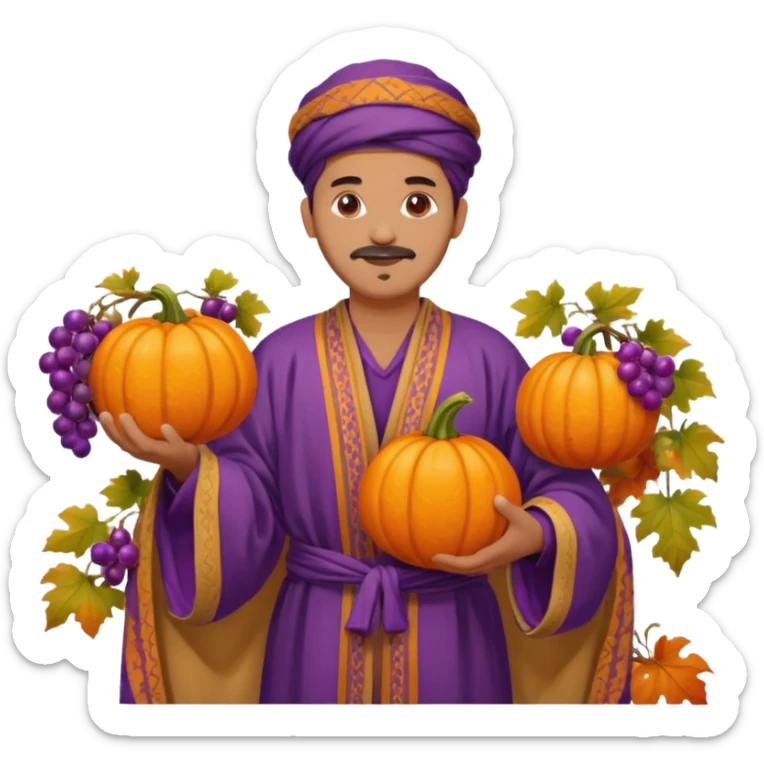 Tan Moroccan man sitting holding with pumpkin and purple grapes in countryside  sticker