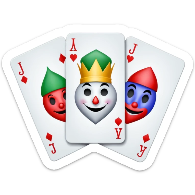 bunch of 3 poker cards, with crazy colorful jolly jokers inside, inversed face sticker