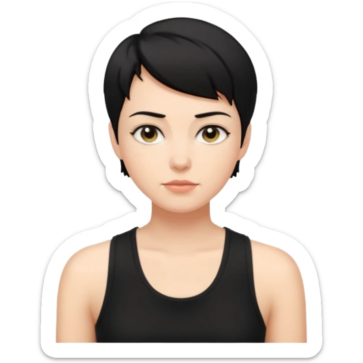 a white woman with short tomboy black hair wearing men's black tank top sticker